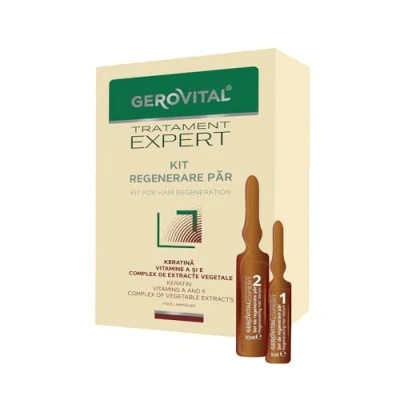 Immagine di Kit Siero Rigenerante Capelli con Cheratina, Vitamina A ed E, Rinforza, Previene la Caduta, Stimola Crescita, 10 fiale x 5 ml / ml, Gerovital Tratament Expert