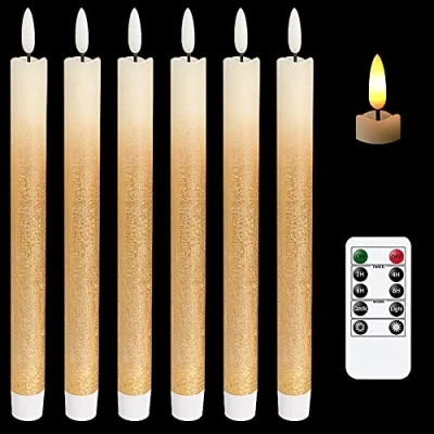 Immagine di Eldnacele Set di 6 candele a LED senza fiamma, funzionamento batteria, con telecomando e timer, in vera cera, luce calda, 2 x 24.5 cm, decorazioni natalizie (sfumatura dorata)