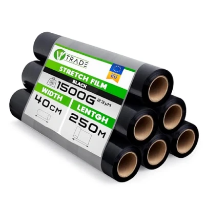Immagine di V1 Trade 6 pellicole elastiche nere, per mobili, 250 m x 40 cm, trasloco a mano, rotolo di pellicola elastica nera, 23 my, imballaggio su rotolo, trasloco, allungamento
