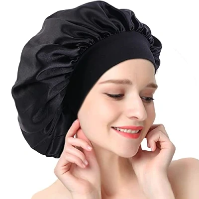 Immagine di AONAT Berretto da Notte Raso, Seta Cuffia per Capelli con Elastico a Banda Larga, Grande Notte, Dormire Cappello Protezione dei Capelli, Donna Ricci Bonnet