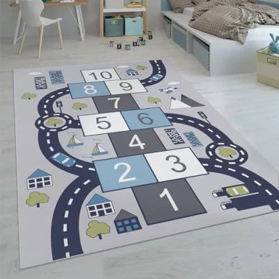 Immagine di Paco Home Tappeti da gioco a pelo corto colorati per camerette dei bambini con diversi motivi, Dimensione:120x160 cm, Colore:Grigio
