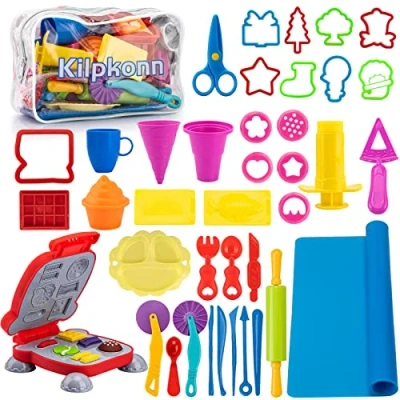 Immagine di Pasta Modellabile per Bambini, 41 pezzi Plastilina Accessori la Colazione, Hamburger e Pasta, L&#039;argilla da Modellare, Rulli Stampi, Mattarello con Borsa