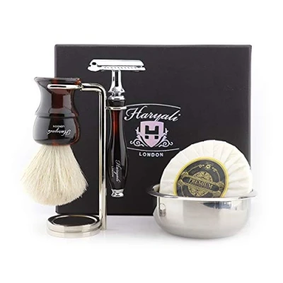 Immagine di Haryali London Kit da barba 5 pezzi Rasoio di sicurezza a doppio bordo Pennello Super Badger Sapone Ciotola Supporto Set rosso