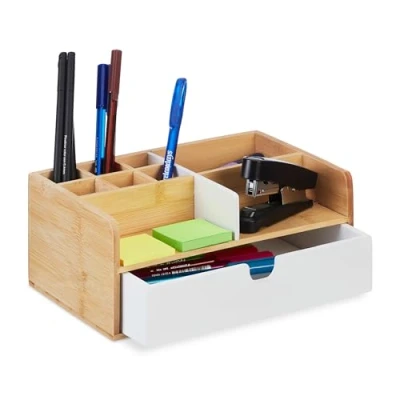 Immagine di Relaxdays Organizer Portaoggetti da Scrivania con 9 Scomparti e Cassetto, Orgaizer per Ufficio, 10 x 25 15,5 cm, Naturale Bianco, bambù