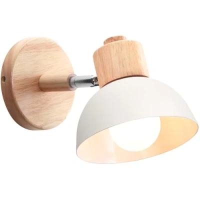 Immagine di iDEGU Lampada da Parete Retrò Vintage Applique Interno in Metallo e Legno Moderne a Muro Orientabile E27 Luce Camera Letto Soggiorno (1 Pezzo, Bianco)