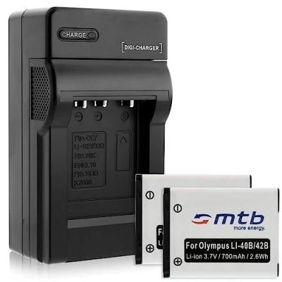 Immagine di 2 Batterie + Caricabatteria (Auto/Corrente) per Olympus Li 40B/42B, FE .., mju.., µ.., TG.., VG.., VR.., X..