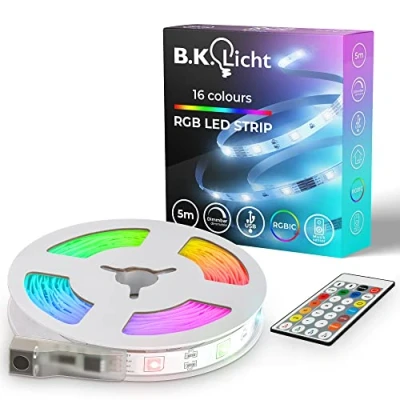 Immagine di B.K.Licht Striscia LED RGBIC 5 m, Sensore musicale, Cambia colore segmentato, Nastro con telecomando