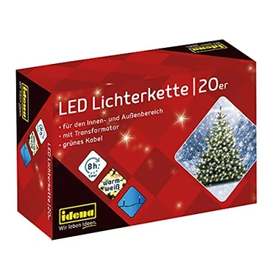 Immagine di Idena 8325052 Catena luminosa LED con 20 in bianco caldo, funzione timer 8 ore e trasformatore, lunga circa 3,9 m, per uso interno ed esterno, feste, Natale, decorazione, matrimonio
