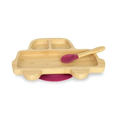 Immagine di BIOZOYG Set con Piatto di bambù Macchinina I base a ventosa e cucchiaio certificato FSC ciotola in legno per bambini da merenda Stoviglie rosse