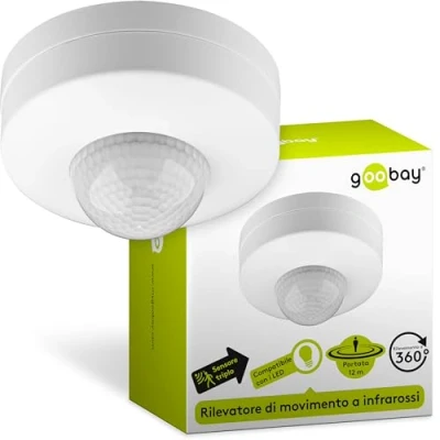 Immagine di Goobay 96007 Rilevatore di movimento a soffitto infrarossi sensore PIR 3 posizioni montaggio superficie campo rilevamento 360 portata 6 m uso interno (IP20) adatto per LED