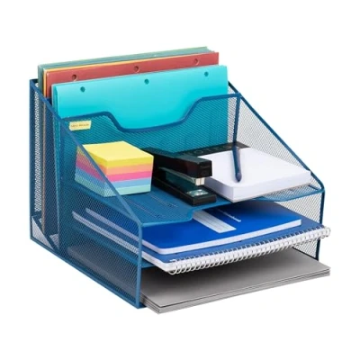 Immagine di Mind Reader Organizer da scrivania, porta documenti verticale, vassoi per carta, ufficio, rete metallica, 31,8 cm L x 29,2 24,1 H, turchese