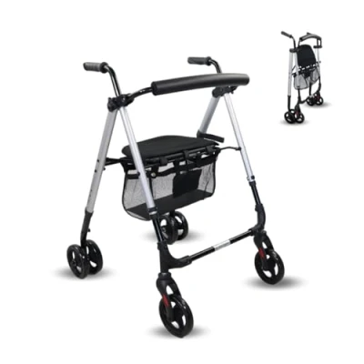 Immagine di Mobiclinic®, Deambulatore per adulti, Pieghevole, Leggero, Sedile e cestino XXL, Supporto bastoni, Altezza regolabile, In alluminio, Freni a pressione, Dehesa, Ruote piene, Grigio perlato