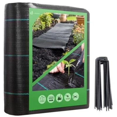 Immagine di VOUNOT Telo Pacciamatura 2m x 10m 100g/m², con 30 Picchetti a U, Anti Erbacce per Orto, Giardino, Stabilizzazione UV, Nero