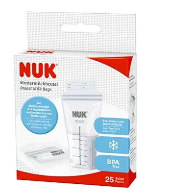 Immagine di NUK 10252088 Sacca per latte materno, 25 pezzi da 180 ml, sterilizzate un utilizzo immediato, Antigoccia, privo di BPA