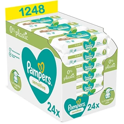 Immagine di Pampers Salviette per neonati sensitive, 0%, 1248 salviettine (set di 24 x 52), senza profumo e alcool, fibre origine vegetale 0% plastica, testate dermatologicamente, adatte ai