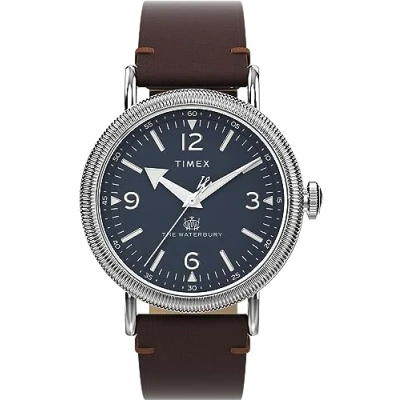 Immagine di Timex Orologio da uomo Waterbury, 40 mm, cinturino a sgancio rapido in due pezzi pelle marrone, quadrante blu, cassa argentata TW2W20400