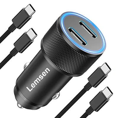 Immagine di Caricatore Auto USB C, 60W 2 Porte PD Caricabatterie C Adattatore Accendisigari Presa Cellulare con 2x Cavo per Samsung Galaxy S23 S22 S21,iPhone 15 Pro Max