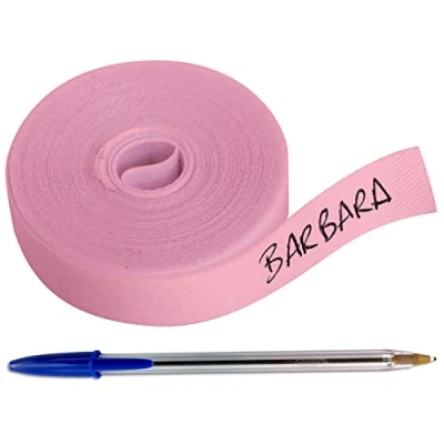 Immagine di 1 rotolo di nastro in tessuto da 3 metri x cm, colore rosa, Etichetta termoadesiva personalizzabile con scritte a penna, Include una penna