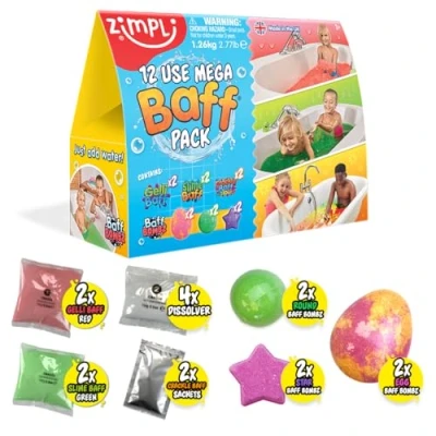 Immagine di 12 Usi Mega Baff Pack di Zimpli Kids, 6 x Bombe da Bagno, 2 Gelli Baff, Slime &amp; Crackle Set Regalo Gioco Sensoriale Valore per Bambini, Giocattolo Acquatico