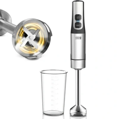 Immagine di LEBENLANG frullatore a immersione in acciaio inox da 1200 W, con misurino 800 ml, paraspruzzi, regolabile modo continuo e Turbo I ad immersione, bacchetta magica, elettrico