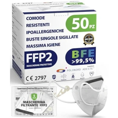 Immagine di ADESTE 50 Mascherine FFP2 Bianche Certificate CE, Filiera controllata, anallergiche, con elastici comodi e resistenti. Sicura: capacità filtrante &gt;99,5%, Buste singole sigillate