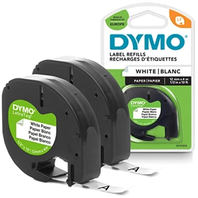 Immagine di Dymo LetraTag etichette originali di carta autoadesiva rotolo da 12 mm x 4 m stampa nera su bianco LT autoadesive per etichettatrice 2 pezzi