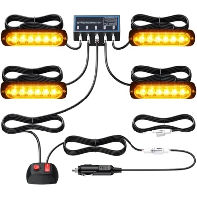Immagine di Justech 4x6LED Luci LED Lampeggiante Ambra Emergenza Lampada Strobe Indicatori Strobo Avvertimento Spia 12/24 V con Scatola di Controllo Principale per Veicolo Rimorchio Camion