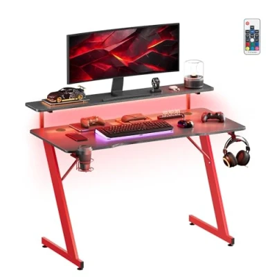 Immagine di SONGMICS HOME Scrivania da Gaming con Luci LED, per Computer a Z Supporto Monitor, Portabicchieri e Gancio Cuffie, Nero Carbonio Rosso Rubino LWD099B01