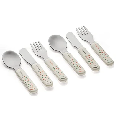 Immagine di MiaMia set posate bambini 6 pezzi (2 forchette 2 cucchiai coltelli), acciaio inox, con manici spessi, testate EN 14372 Bianco
