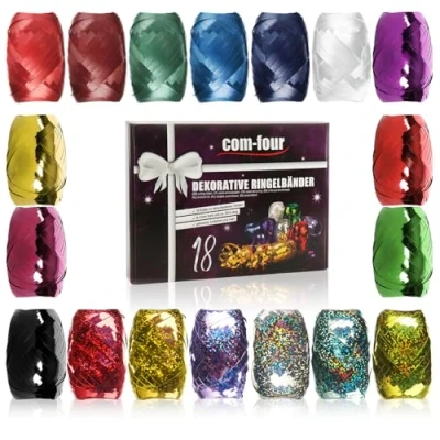 Immagine di com four® 18x Nastri ad Anello Glitterati in Colori Vivaci 20m per Rotolo Ottimo Set di Regalo plastica Scintillante Regali (Festoso)