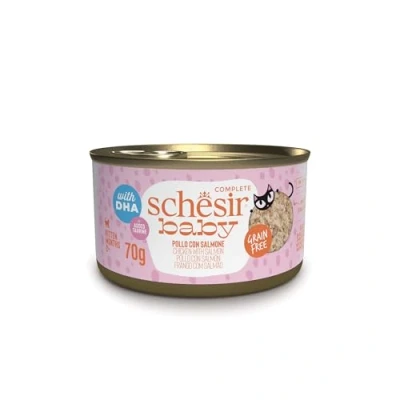 Immagine di Schesir Baby, Gusto Pollo e Salmone, Cibo Umido Completo per gattini con DHA taurina (Lattine 12 da 70g)