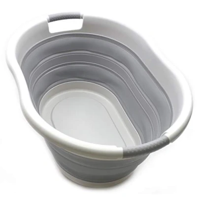 Immagine di SAMMART 36L Cestino per Biancheria Pieghevole in plastica Vasca/Cestino Ovale Contenitore/organizzatore Vasca di Lavaggio Portatile Cesto salvaspazio (Grigio/Grigio)