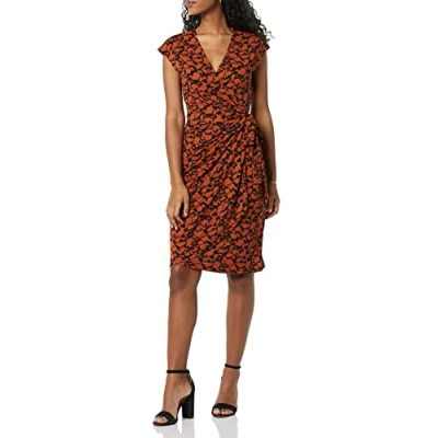 Immagine di Amazon Essentials Abito Classico Avvolgente con Maniche ad Aletta (Taglie Forti Disponibili) Donna, Marrone Stampa Floreale, XXL