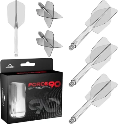 Immagine di Mission Darts Force 90 Freccette con sistema integrato di precisione e asta, confezione da 3 alette steli combinati 2 in 1 professionali altamente durevoli Slim (trasparente, Tweenie)