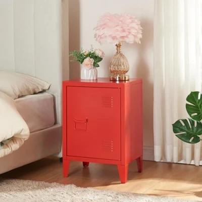 Immagine di [en.casa] Comodino in Acciaio con Scomparto Chiuso Anta Tavolino Laterale da Divano Mobiletto Notturno Letto Basso Ingresso 57 x 40 30 cm Rosso
