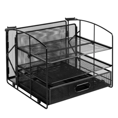 Immagine di Amazon Basics Rettangolare Organizer da scrivania con 3 ripiani, cassetto a scorrimento e scomparto per appendere i documenti, Nero