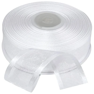 Immagine di AERZETIX C55332 Rotolo di nastro chiffon con bordo in raso 25mm x 25m striscia regalo fiori hobby creativo decorazione matrimonio festa compleanno colore bianco poliestere