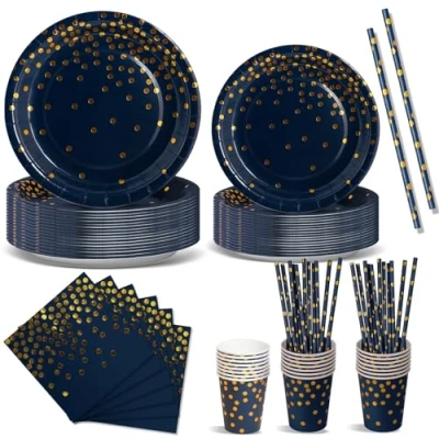 Immagine di Nkaiso Stoviglie Per Feste 120 Pezzi Blu Navy Oro Festa della Addobbi Ragazza di Compleanno dei Dambini Posate set Include Piatto Usa e Getta Carta Party Tovaglioli 24 Ospiti