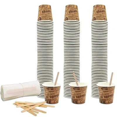 Immagine di COFFISANO Set 150 Bicchierini Caffè 75 ml in Carta Marroni + Palette Legno; Bicchieri e Palettine Usa Getta Monouso Riciclabili, per Ristoranti, Ufficio, Asporto, Bar, Espresso