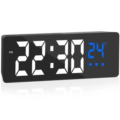 Immagine di Jsdoin Sveglia digitale, grande display a LED, con visualizzazione della temperatura, orologio da comodino USB/batteria 3 sveglie modello Snooze, 12/24 ore, oscuramento automatico di notte,