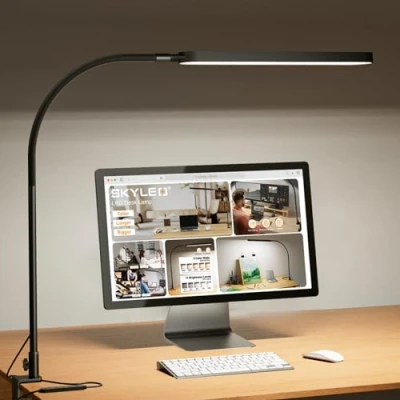 Immagine di Lampada da Scrivania SKYLEO LED 85 cm Collo di Cigno Flessibile 5 Modalità Colore x 11 Livelli Luminosità 1300LM Funzione Timer e Memoria 12W con Pinza Nera