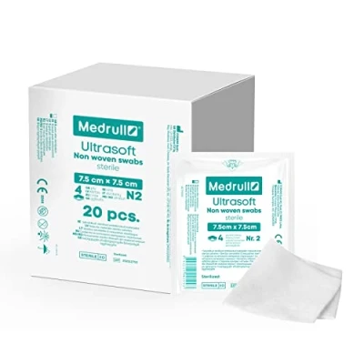 Immagine di Medrull compresse sterili in tessuto non tessuto, Ultrasoft 40 pezzi (20 x 2 pezzi), 4 veli 7,5 cm, assorbenti, materiale per medicazione, bende di garza ferite
