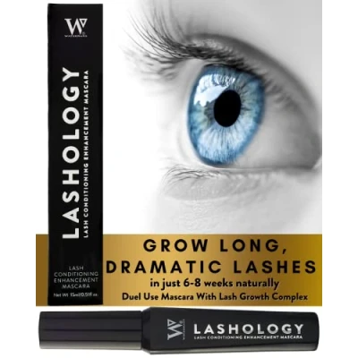 Immagine di Lashology potente siero per la crescita delle ciglia in mascara nero, all&#039;interno di un mascara, più spesse, forti, piene e lunghe