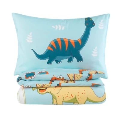 Immagine di BaSaTex Set di biancheria da letto per bambini bambine e ragazzi, 100 x 135 cm + 40 60 cm, 100% microfibra poliestere, chiusura lampo, dinosauri blu/bianco