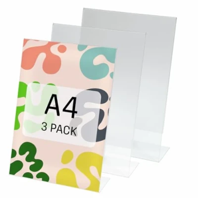 Immagine di SY110 Porta avvisi da tavolo / brochure banco, con base a L, acrilico, per A4, 3 pz