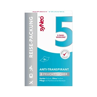 Immagine di syNeo 5 salviettine antitraspiranti per uomo e donna, anti sudore, sudorazione, perspirante, traspirazione, confezione da 1 (8 x 2,5 ml)