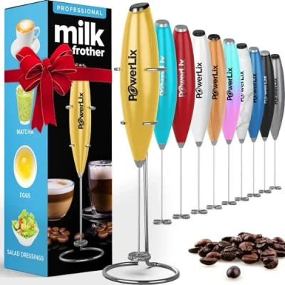 Immagine di PowerLix Frullino Montalatte Elettrico per Cappuccino Schiumatore Latte con Supporto in Acciaio Inossidabile, 15 20s, Potente 19000 giri/min, Manuale Latte, Cappuccino, Caffè