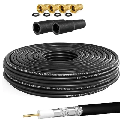 Immagine di HB DIGITAL cavo coassiale SAT HQ135 Pro, 10 m, con 2 beccucci in gomma + 4 connettori F dorati, antenna satellitare schermati per impianti DVB S/S2 C/C2 T/T2 DAB+ Radio BK