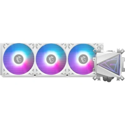 Immagine di MSI MAG CORELIQUID I360 WHITE AIO CPU Liquid Cooler Piastra fredda in rame allargata, ventole ARGB Blockhead e LDB, blocco acqua a doppia camera, radiatore flusso diviso, luce mistica supportata