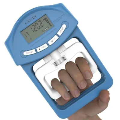 Immagine di CAMRY Dinamometro Digitale per Mano, Misuratore di Forza Presa, 198 Libbre / 90 Chilogrammi, Cattura Automatica della Potenza Presa Elettronica, Blu e Bianco